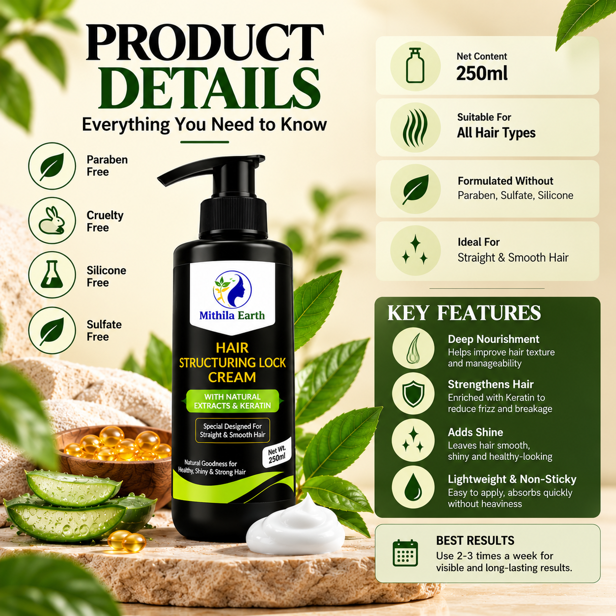 Hair Structuring Lock Cream With Natural Extracts & keratin